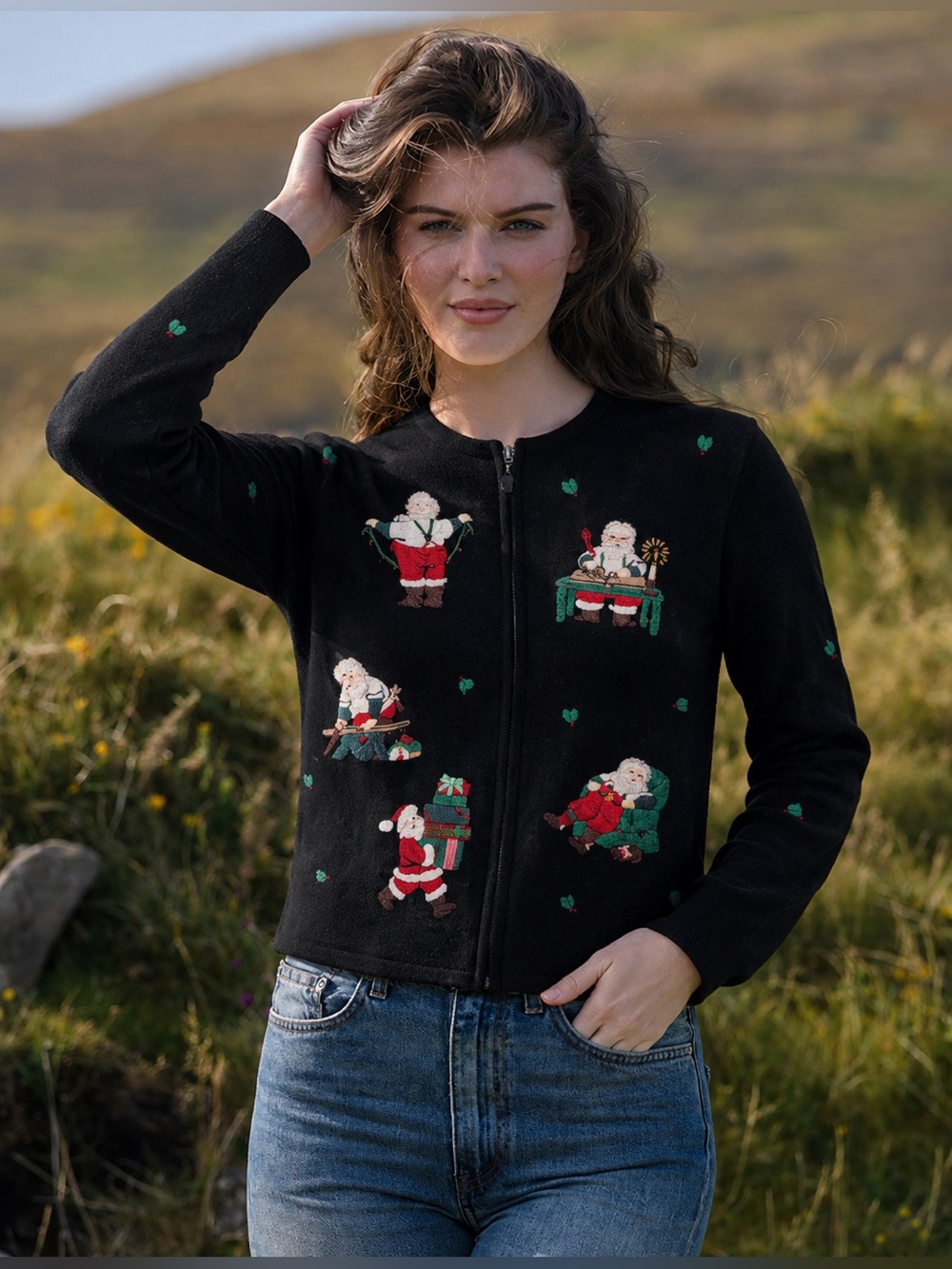 Vintage Talbots Christmas Sweater Cardigan Santa Claus Appliqué Black Small H
